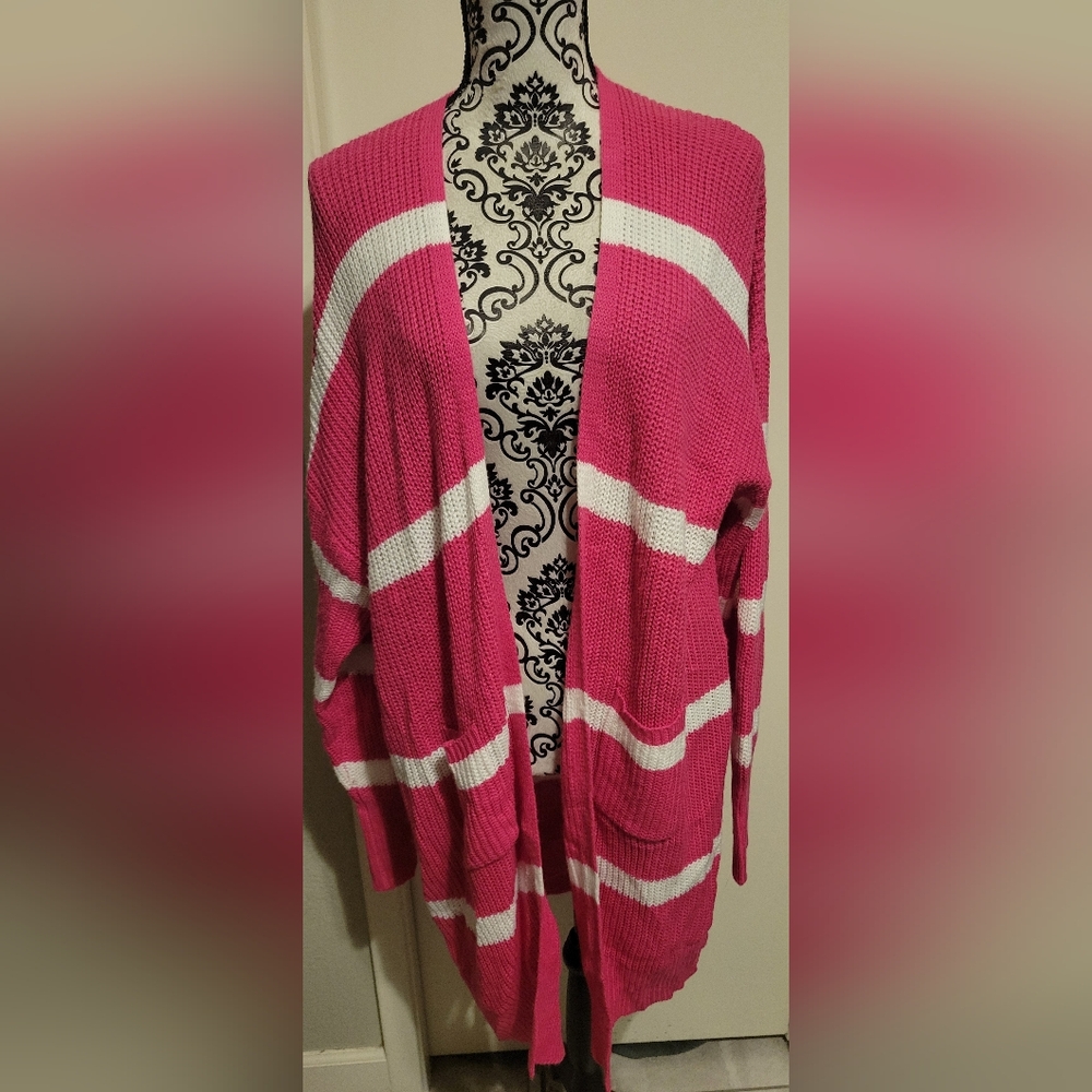 HAPTICS By Holly Harper Pink And White Stripe Open Front Cardigan Sweater Sz‎ L